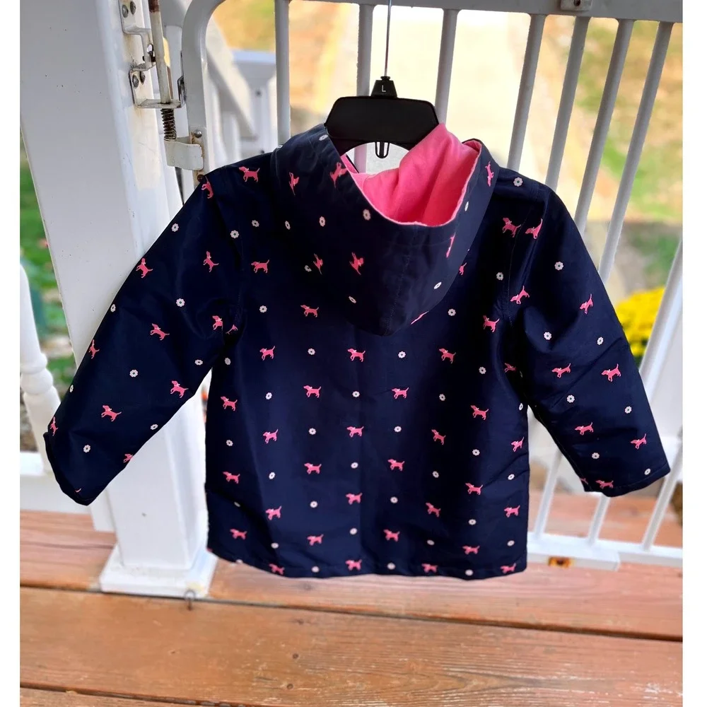 Gymboree Kids Navy Blue‎ Raincoat Pink Dog Print Hooded Spring Autumn Outerwear